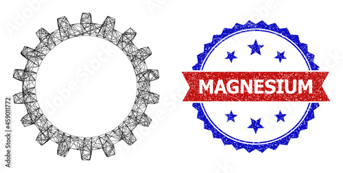 Net mesh cogwheel wireframe illustration, and bicolor rubber Magnesium seal. Flat mesh created from cogwheel symbol and crossing lines. Vector seal with unclean bicolored style,