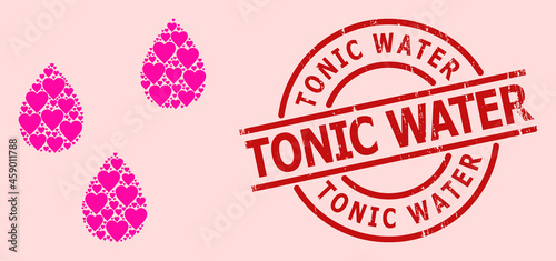 Scratched Tonic Water stamp, and pink love heart mosaic for water drops. Red round stamp contains Tonic Water text inside circle. Water drops mosaic is formed from pink amour icons.