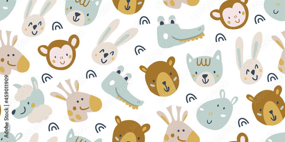 Vector seamless pattern with cute animal faces - bear, crocodile, giraffe, lama, hippo, monkey, cat, rabbit on white background. childish seamless pattern for boys and girls Vector seamless pattern with cute animal faces - bear, crocodile, giraffe, lama, hippo, monkey, cat, rabbit on white background. childish seamless pattern for boys and girls