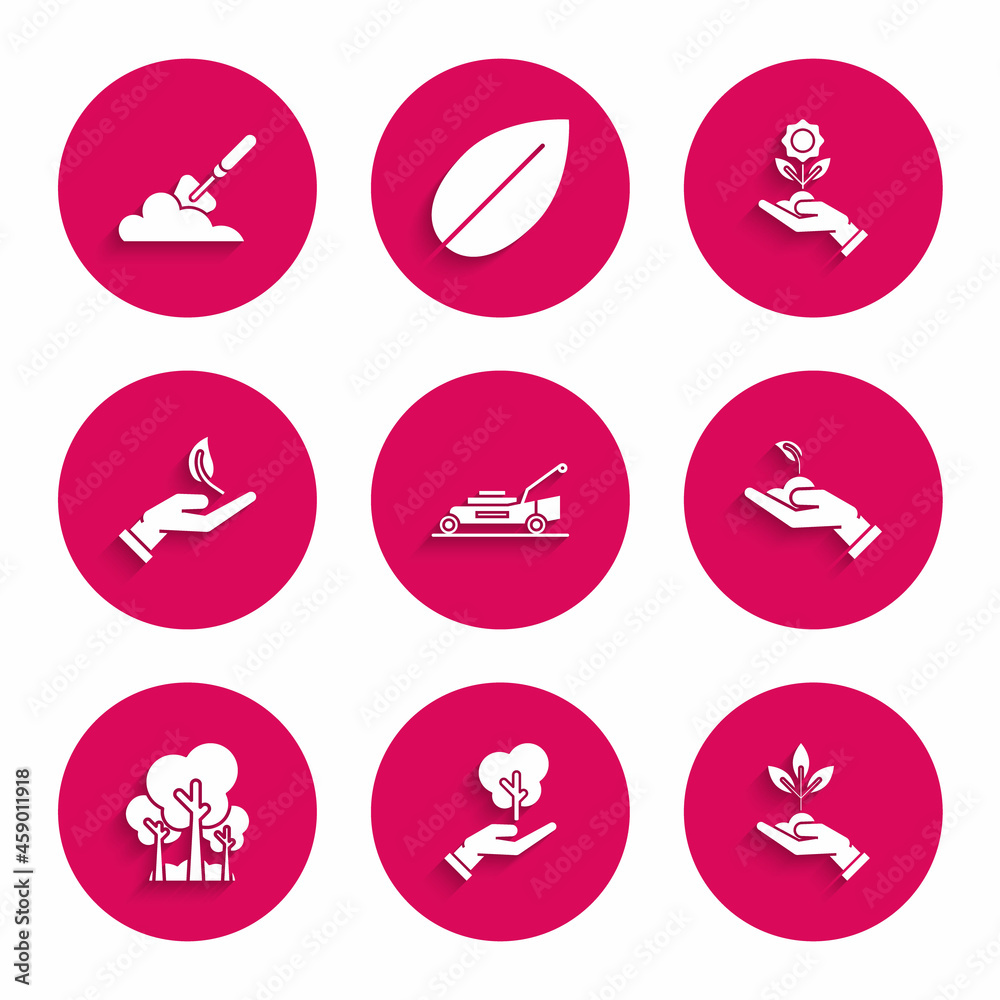Set Lawn mower, Tree in hand of environmental protection, Plant, Sprout, Trees, Hand holding flower and Garden trowel spade or shovel the ground icon. Vector Set Lawn mower, Tree in hand of environmental protection, Plant, Sprout, Trees, Hand holding flower and Garden trowel spade or shovel the ground icon. Vector