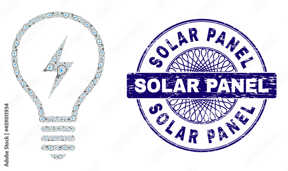 Fototapeta premium Recursion collage electric bulb and Solar Panel round dirty stamp seal. Blue stamp seal includes Solar Panel title inside circle and guilloche structure.