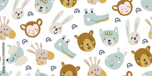 Vector seamless pattern with cute animal faces - bear, crocodile, giraffe, lama, hippo, monkey, cat, rabbit on white background. childish seamless pattern for boys and girls