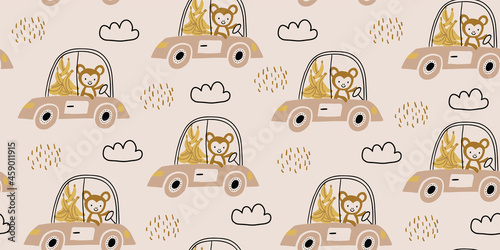Vector seamless pattern with monkeys with bananas driving a car. Scandinavian style kids pattern, perfect for kids textile, print for boys and girls