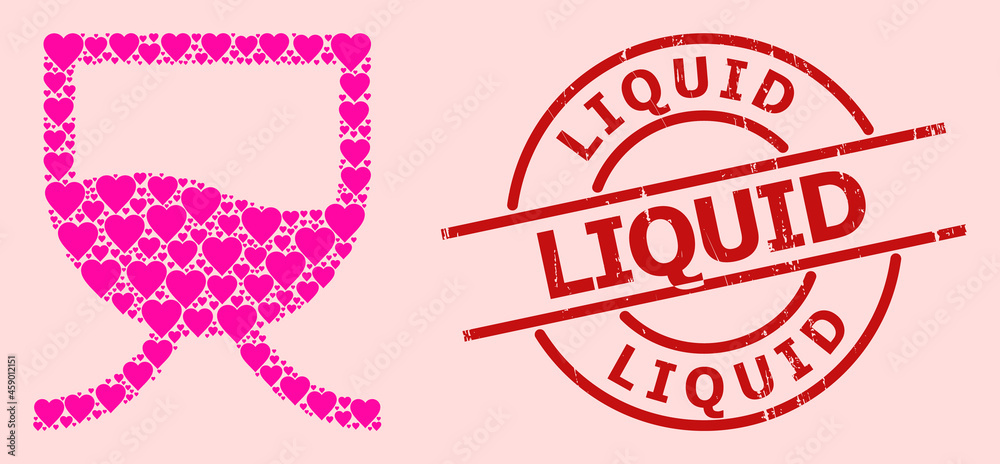 Distress Liquid stamp seal, and pink love heart pattern for liquid tank. Red round seal has Liquid tag inside circle. Liquid tank collage is formed with pink romantic items. Distress Liquid stamp seal, and pink love heart pattern for liquid tank. Red round seal has Liquid tag inside circle. Liquid tank collage is formed with pink romantic items.