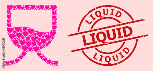 Distress Liquid stamp seal, and pink love heart pattern for liquid tank. Red round seal has Liquid tag inside circle. Liquid tank collage is formed with pink romantic items.