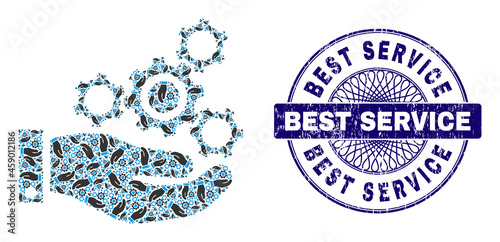 Recursive collage mechanics service and Best Service round scratched stamp print. Violet stamp includes Best Service caption inside circle and guilloche ornament.