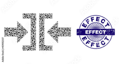 Recursion collage press horizontal direction and Effect round textured seal. Violet stamp seal includes Effect title inside circle and guilloche technique.