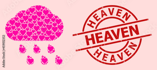 Grunge Heaven stamp, and pink love heart collage for rain cloud. Red round stamp seal contains Heaven text inside circle. Rain cloud collage is done of pink romance elements.
