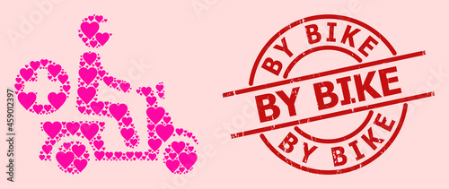 Scratched By Bike stamp, and pink love heart mosaic for doctor motorbike. Red round stamp includes By Bike text inside circle. Doctor motorbike mosaic is done of pink romance elements.