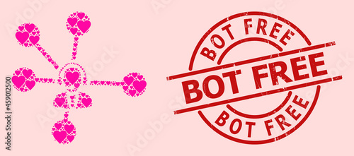 Textured Bot Free stamp, and pink love heart mosaic for operator relations. Red round badge has Bot Free tag inside circle. Operator relations mosaic is constructed with pink amour icons.