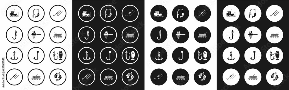 Set Fishing line with hook and float, net fish, boat fishing rod on water, and icon. Vector Set Fishing line with hook and float, net fish, boat fishing rod on water, and icon. Vector