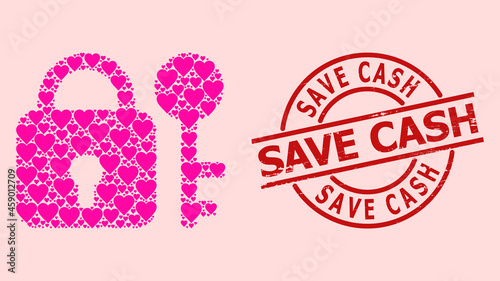 Textured Save Cash stamp seal, and pink love heart collage for secrecy. Red round stamp contains Save Cash caption inside circle. Secrecy collage is made from pink romance items.