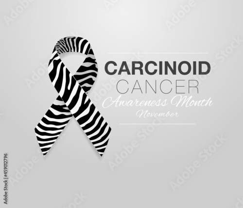 Carcinoid Cancer Awareness Calligraphy Poster. Realistic Zebra Stripe Ribbon.