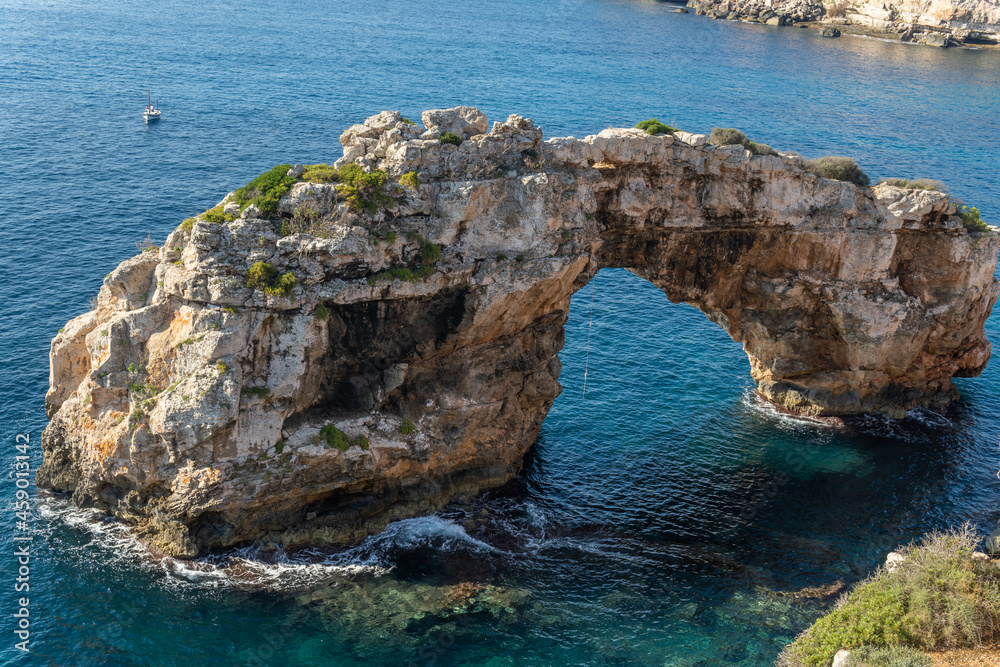 Es Pontas rock formation on the south coast of the island of Mallorca at sunrise. Tourist attraction of the wild nature of the Mediterranean sea