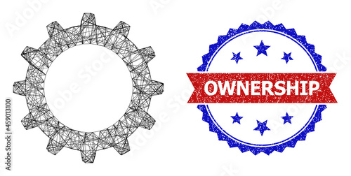 Crossing mesh cogwheel framework icon, and bicolor scratched Ownership seal stamp. Flat carcass created from cogwheel symbol and crossing lines. Vector seal with corroded bicolored style,