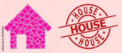 Distress House stamp seal, and pink love heart mosaic for house. Red round stamp seal contains House caption inside circle. House mosaic is formed of pink wedding icons.