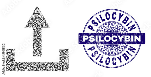 Recursion mosaic upload and Psilocybin round grunge seal. Violet stamp seal includes Psilocybin title inside circle and guilloche style. Vector mosaic is created with scattered rotated upload items.