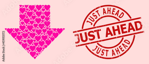 Rubber Just Ahead stamp, and pink love heart pattern for download arrow. Red round stamp includes Just Ahead text inside circle. Download arrow collage is organized from pink romantic symbols.