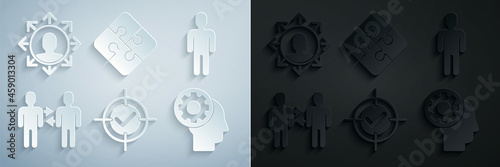 Set Target and check mark, User of man in business suit, Project team base, Human head with gear inside, Piece puzzle and icon. Vector
