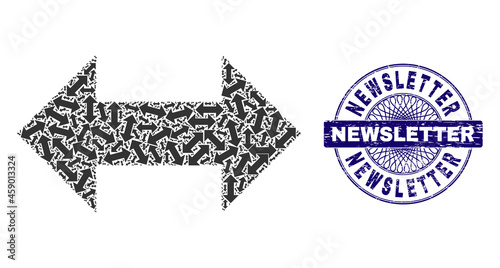 Recursive mosaic horizontal exchange arrows and Newsletter round corroded stamp seal. Blue stamp includes Newsletter text inside circle and guilloche structure.