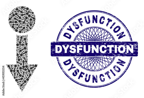 Recursive mosaic pull down and Dysfunction round grunge stamp. Violet stamp includes Dysfunction title inside circle and guilloche technique.