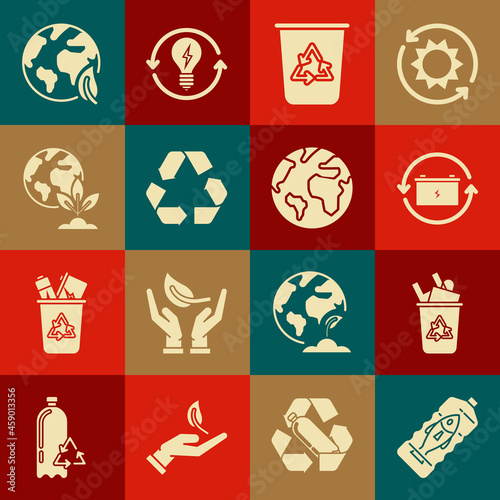Set Stop ocean plastic pollution, Recycle bin with recycle symbol, Battery, Earth globe and plant, leaf and icon. Vector