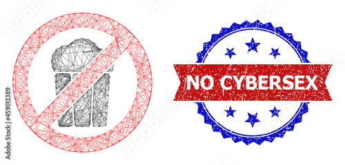 Net mesh stop popcorn carcass icon, and bicolor dirty No Cybersex watermark. Flat mesh created from stop popcorn icon and intersected lines. Vector imprint with retro bicolored style,