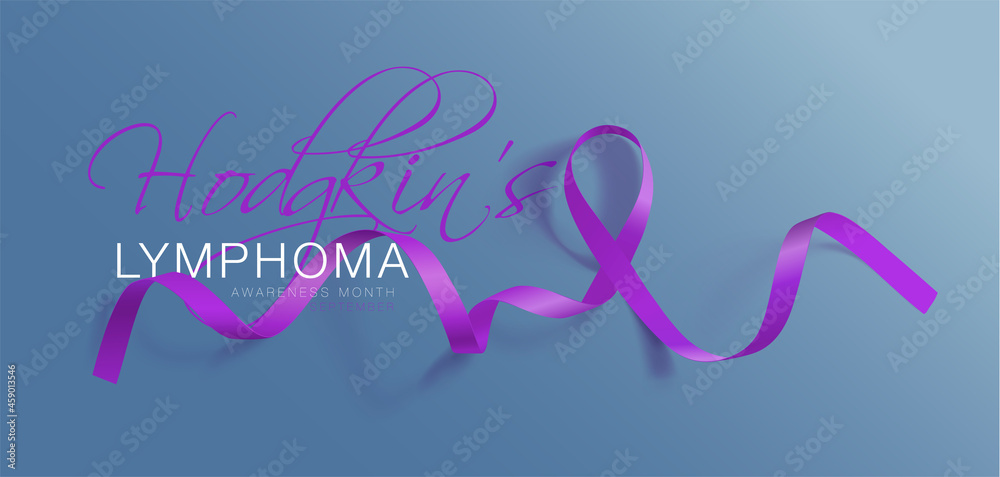 Hodgkin's Lymphoma Awareness Calligraphy Poster Design. Realistic Violet Ribbon.