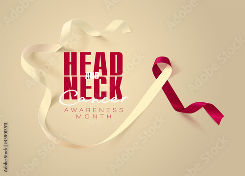 Head and Neck Cancer Awareness Calligraphy Poster Design. Realistic Burgundy and Ivory Ribbon.