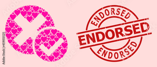Scratched Endorsed stamp seal, and pink love heart mosaic for true negative. Red round seal has Endorsed tag inside circle. True negative mosaic is formed with pink wedding symbols.