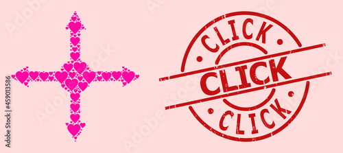Rubber Click stamp seal, and pink love heart collage for expand. Red round seal has Click tag inside circle. Expand collage is composed from pink wedding icons.