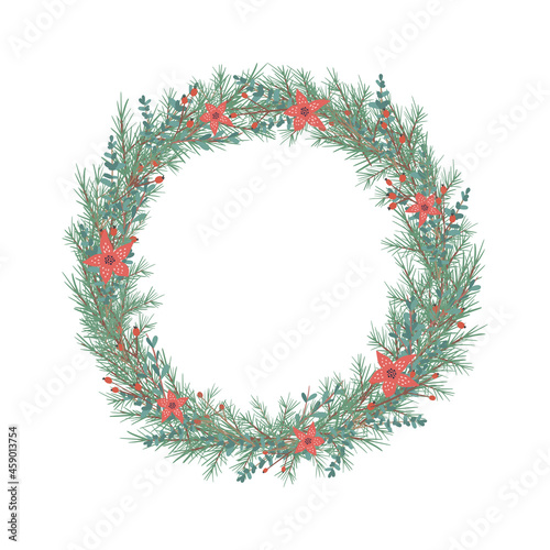 Christmas and Happy New Year illustration with Christmas wreath. Green spruce twigs, poinsettia and red berries. Vector illustration. Nature design greeting card template. Winter vacation.
