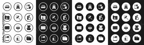 Set Washer and t-shirt, scraper, wiper, Electric iron towel, Brush for cleaning, Plastic bottles liquid dishwashing liquid, Wet floor progress, basin with soap suds and Towel stack icon. Vector
