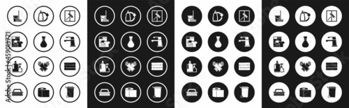 Set Squeegee, scraper, wiper, Garbage bag, Washer and t-shirt, Mop bucket, Water tap, Plastic bottles for liquid dishwashing liquid, Towel stack and icon. Vector