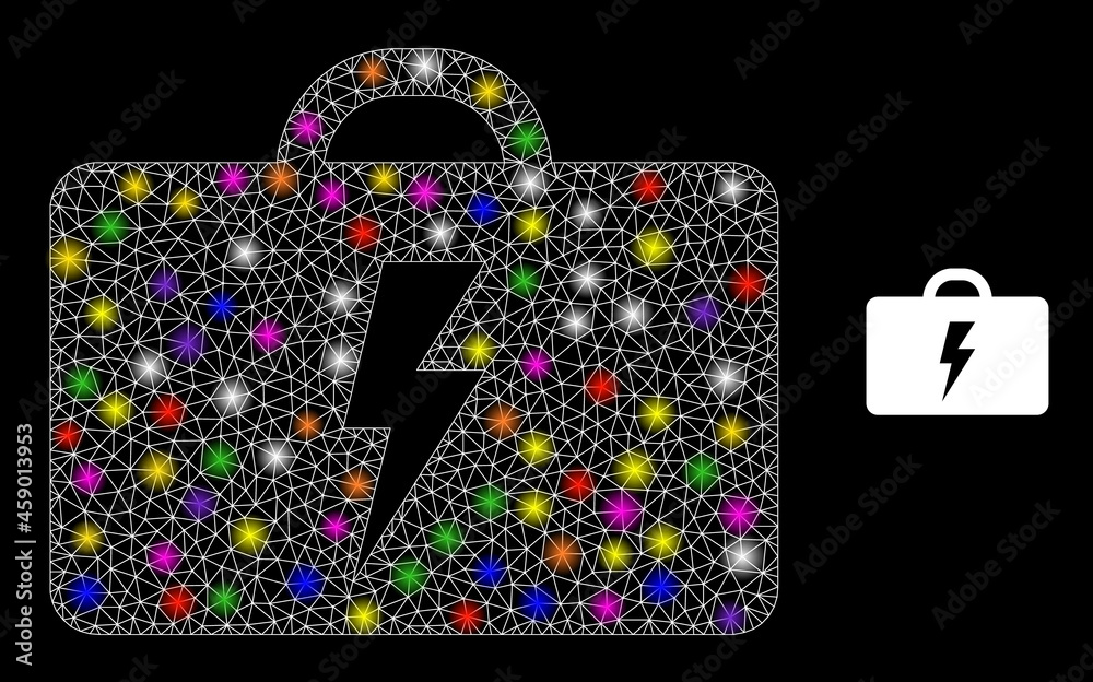 Glowing mesh electric toolbox constellation icon with lightspots. Illuminated vector model based on electric toolbox pictogram. Sparkle frame mesh electric toolbox on a black background. Glowing mesh electric toolbox constellation icon with lightspots. Illuminated vector model based on electric toolbox pictogram. Sparkle frame mesh electric toolbox on a black background.
