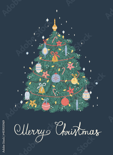 Christmas and Happy New Year illustration of Christmas tree. Vector design template.