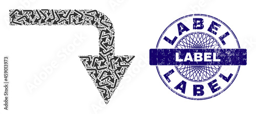 Fractal mosaic turn down and Label round unclean stamp seal. Violet stamp seal includes Label title inside circle and guilloche style. Vector mosaic is done of repeating rotated turn down items.