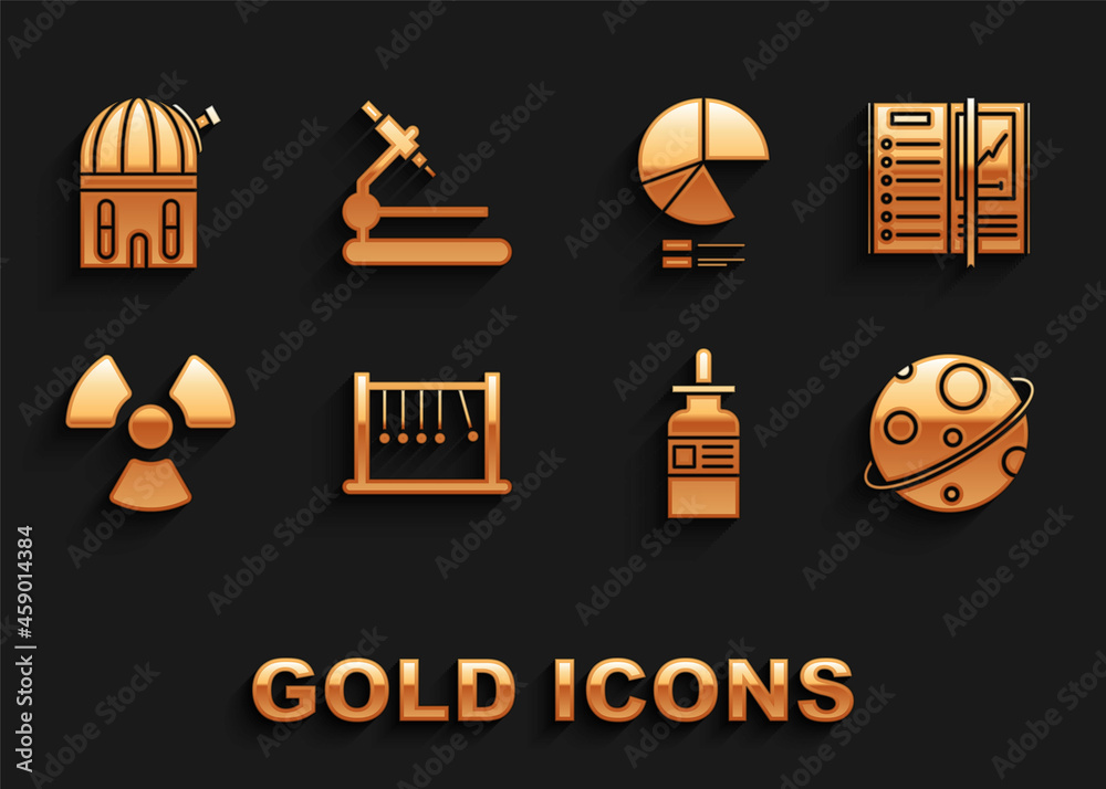 Set Pendulum, Notebook, Planet, Glass bottle with pipette, Radioactive, Pie chart infographic, Astronomical observatory and Microscope icon. Vector