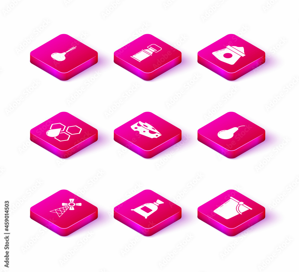 Set Windmill, Bag of flour, Honeycomb, Cheese, Bucket, Pear, and Can container for milk icon. Vector Set Windmill, Bag of flour, Honeycomb, Cheese, Bucket, Pear, and Can container for milk icon. Vector
