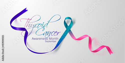 Thyroid Cancer Awareness Calligraphy Poster Design. Realistic Teal and Pink and Blue Ribbon.