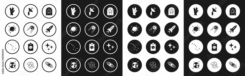 Set Alien, Satellite, Planet, Vulcan salute, Rocket ship with fire, Radar, Falling star and Great Bear constellation icon. Vector - obrazy, fototapety, plakaty 