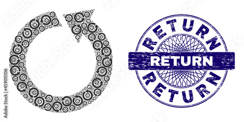 Recursive collage rotate ccw and Return round corroded stamp. Blue stamp seal includes Return tag inside circle and guilloche pattern. Vector collage is designed of repeating rotated rotate ccw icons.