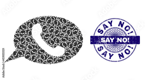 Fractal collage phone message and Say No! round dirty stamp imitation. Violet stamp includes Say No! caption inside circle and guilloche decoration.