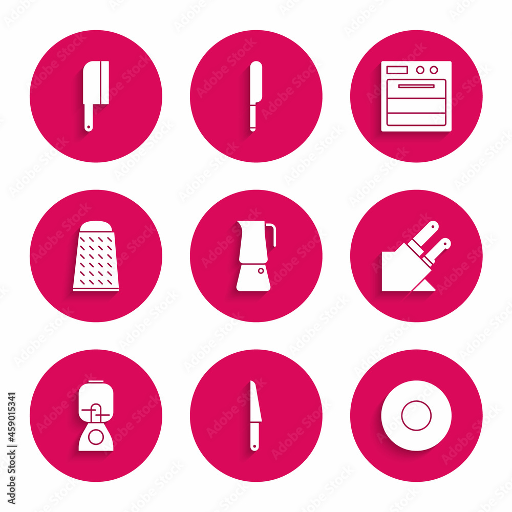 Set Moka pot, Knife, Plate, Blender, Grater, Oven and Meat chopper icon. Vector Set Moka pot, Knife, Plate, Blender, Grater, Oven and Meat chopper icon. Vector