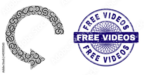 Recursion mosaic rotate right and Free Videos round grunge seal. Violet stamp seal includes Free Videos tag inside circle and guilloche decoration.