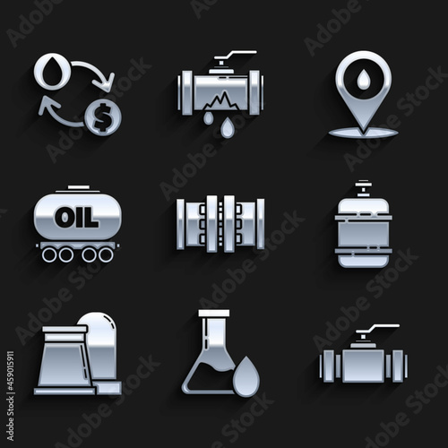 Set Industry metallic pipes and valve, Oil petrol test tube, Propane gas tank, industrial factory building, railway cistern, Refill fuel location and exchange, water transfer, convert icon. Vector