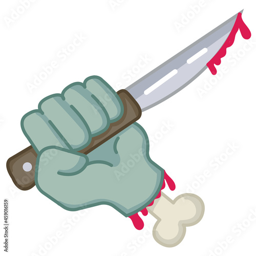 Zombie hand with a knife. A bloody hand holding a knife. The severed arm of a zombie with a bone. Bloody knife
