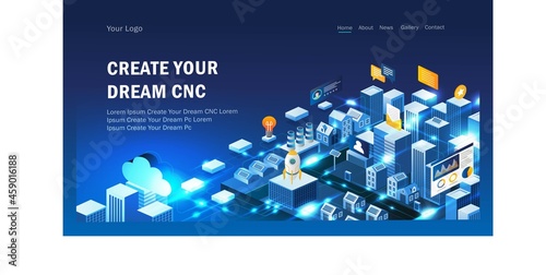 City building with cloud server in isometric illustration