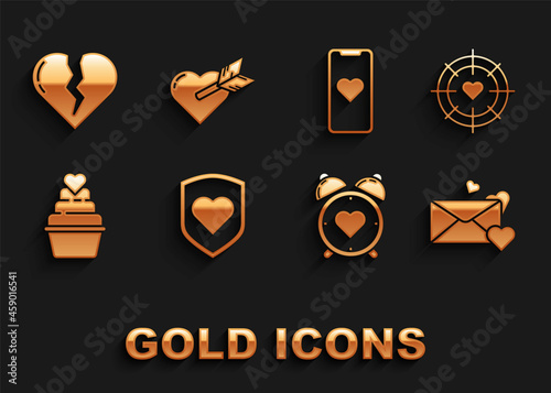 Set Heart with shield, in the center of darts target aim, Envelope heart, alarm clock, Mobile phone, Broken or divorce and Amour and arrow icon. Vector