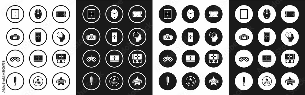 Set Portable video game console, Smartphone and playing in, Ar, augmented reality, Tablet, Head hunting concept, Computer mouse gaming, and Gamepad icon. Vector